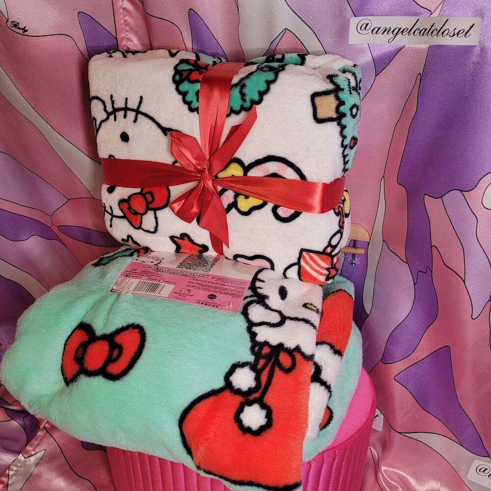 Hello Kitty Blanket Lot of 2 50" X 70" Christmas Throw Sanrio Soft Plush Gift